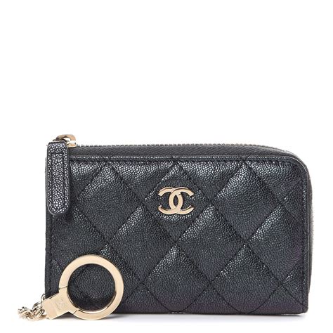 CHANEL Iridescent Caviar Quilted Zipped Key Holder Case Black 